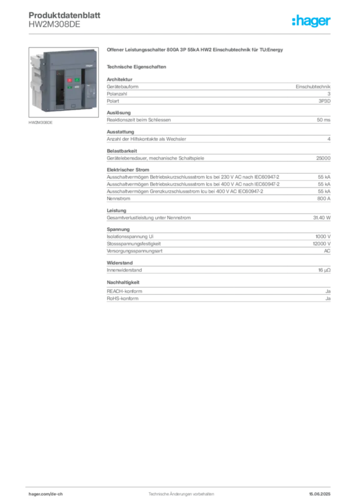 Bild Hager Produktdatenblatt HW2M308DE | Hager Schweiz