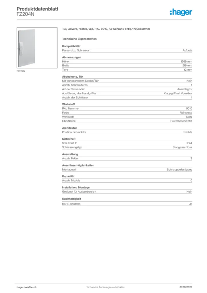 Bild Hager Produktdatenblatt FZ204N | Hager Schweiz
