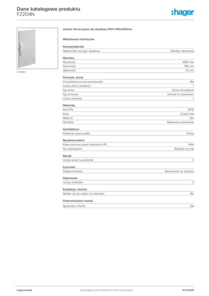 Zdjęcie Hager Karta katalogowa FZ204N | Hager Polska