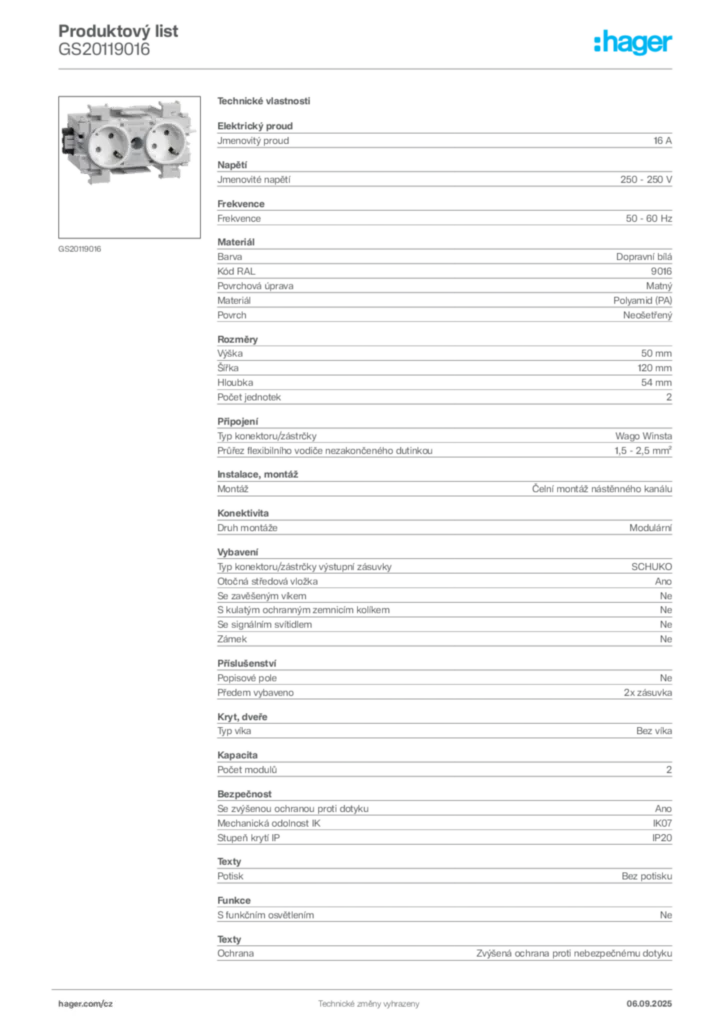 Obrázek Hager Produktový list GS20119016 | Hager