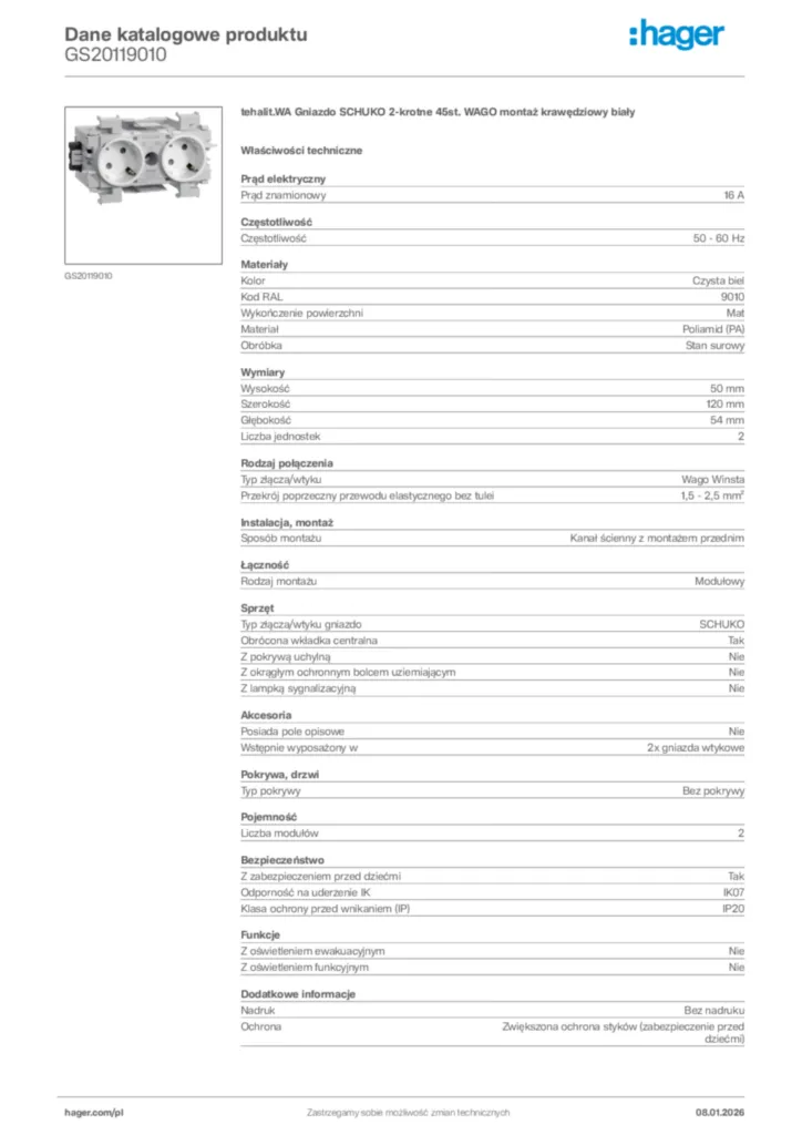 Zdjęcie Hager Karta katalogowa GS20119010 | Hager Polska