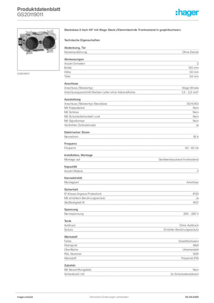 Bild Hager Produktdatenblatt GS20119011 | Hager Deutschland