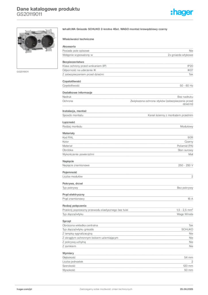 Zdjęcie Hager Karta katalogowa GS20119011 | Hager Polska