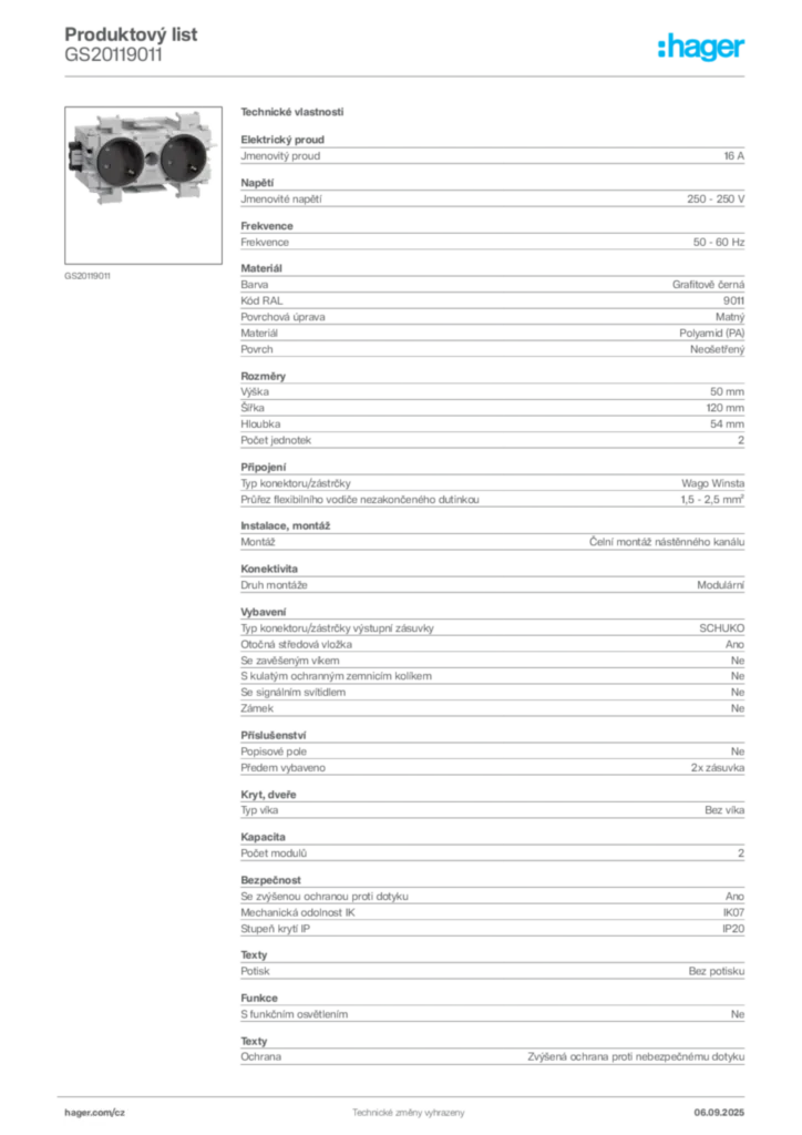 Obrázek Hager Produktový list GS20119011 | Hager