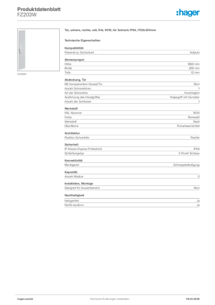 Bild Hager Produktdatenblatt FZ203W | Hager Deutschland