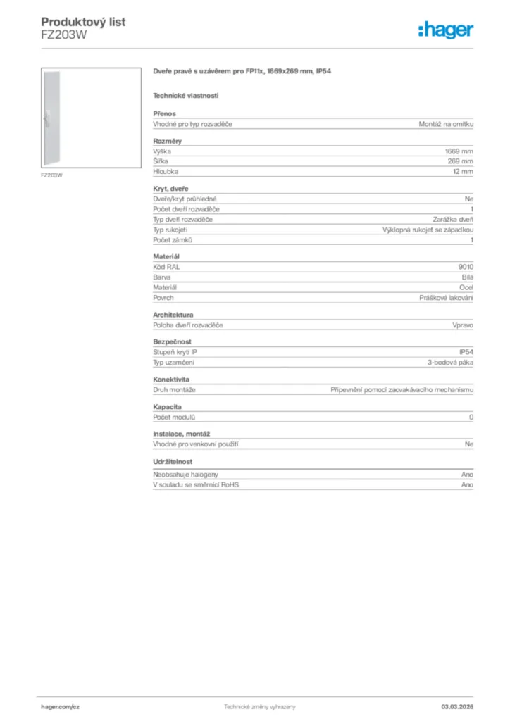 Obrázek Hager Product data sheet FZ203W | Hager