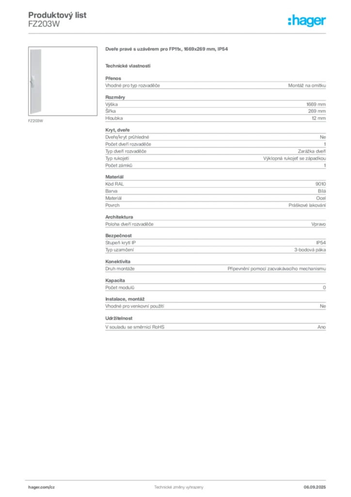 Obrázek Hager Produktový list FZ203W | Hager