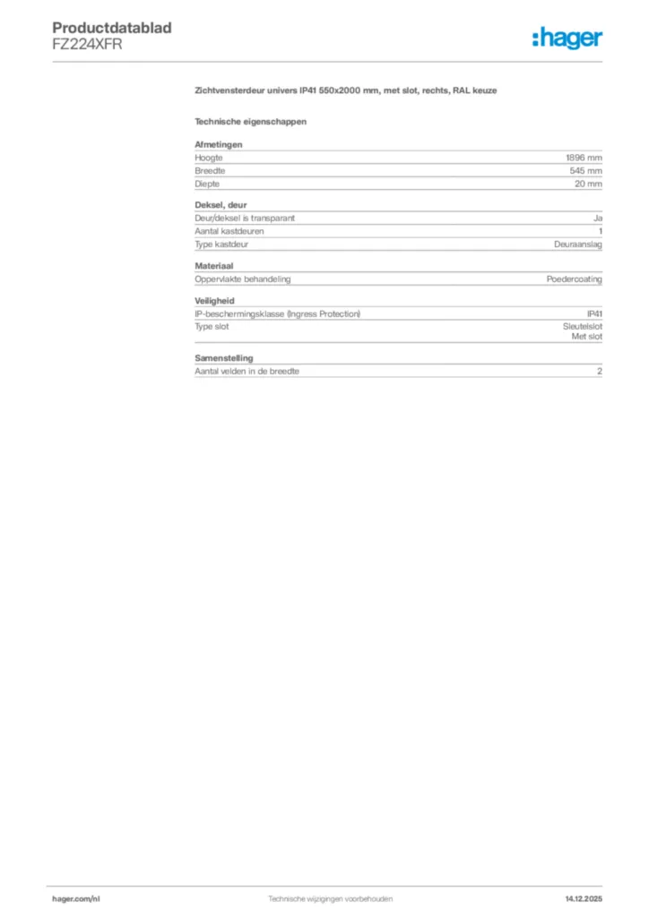 Afbeelding Hager Productdatablad FZ224XFR | Hager Nederland