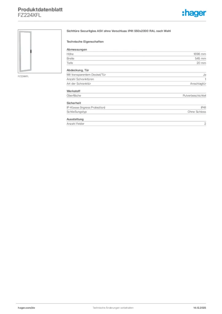 Bild Hager Produktdatenblatt FZ224XFL | Hager Deutschland