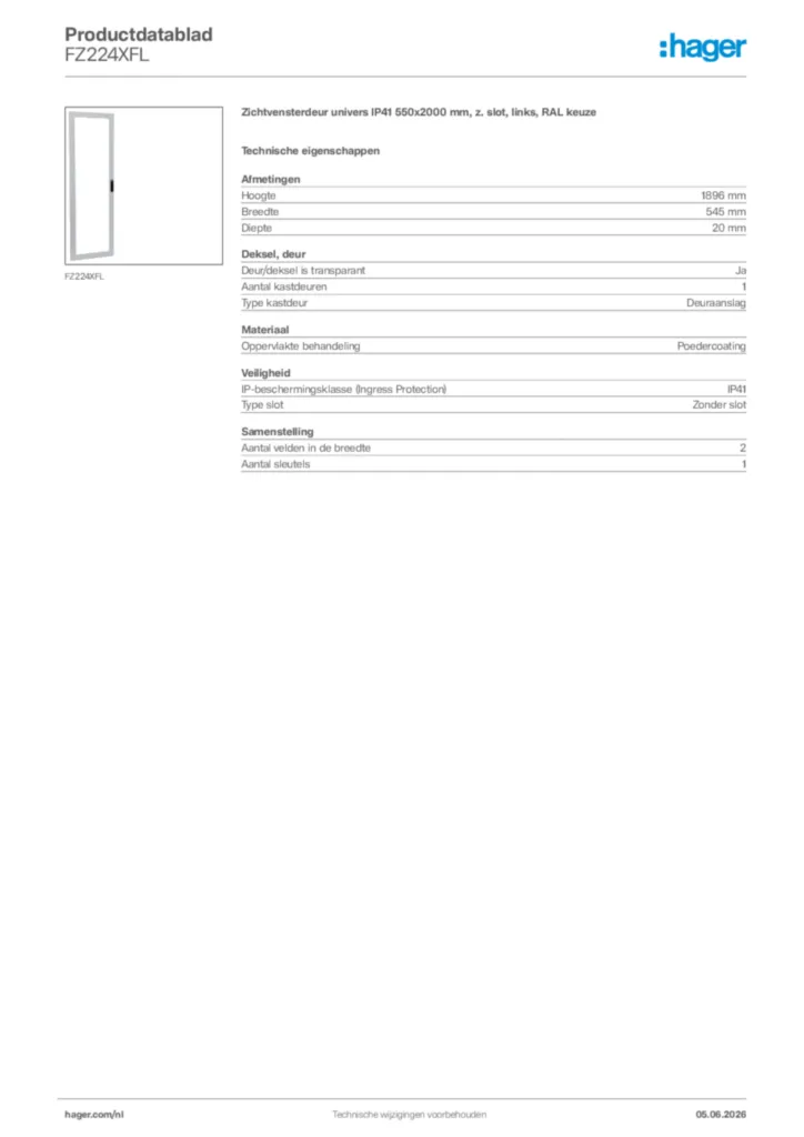 Afbeelding Hager Productdatablad FZ224XFL | Hager Nederland