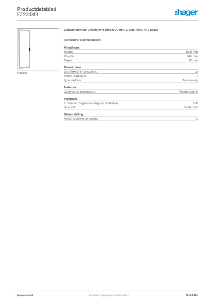 Afbeelding Hager Productdatablad FZ224XFL | Hager Nederland