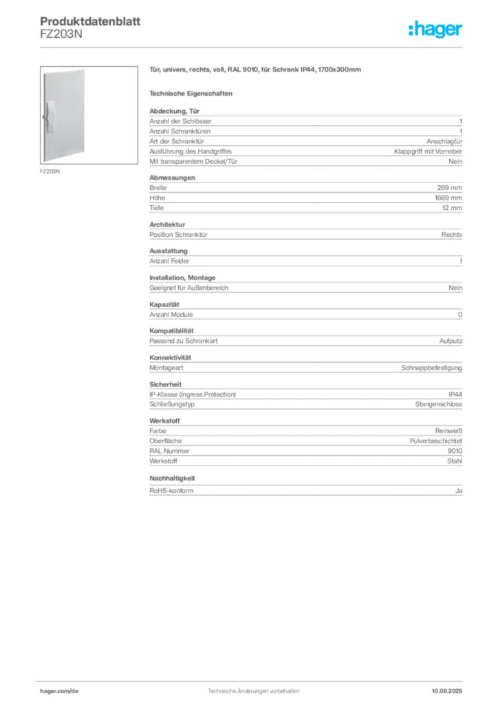 Bild Hager Produktdatenblatt FZ203N | Hager Deutschland