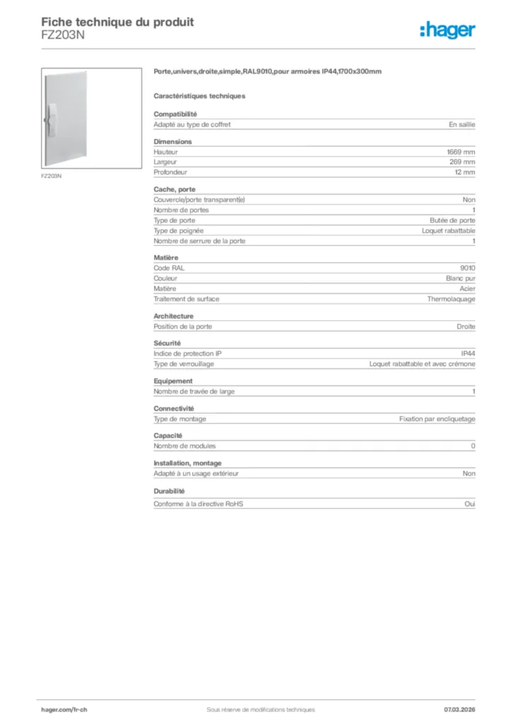 Image Hager Fiche technique du produit FZ203N | Hager Suisse