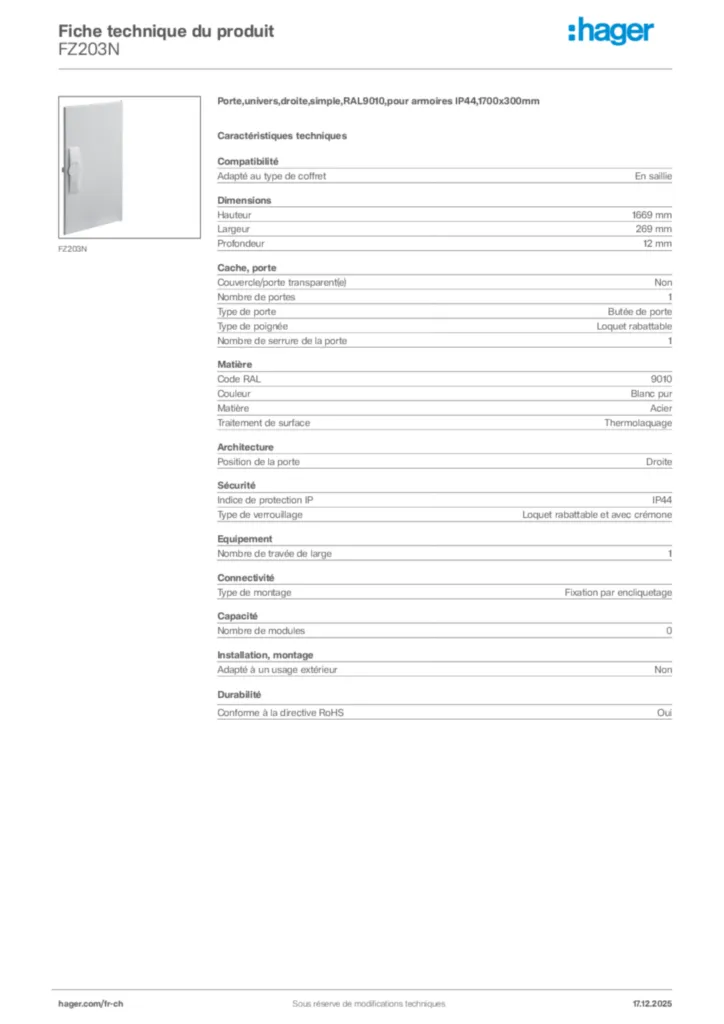 Image Hager Fiche technique du produit FZ203N | Hager Suisse