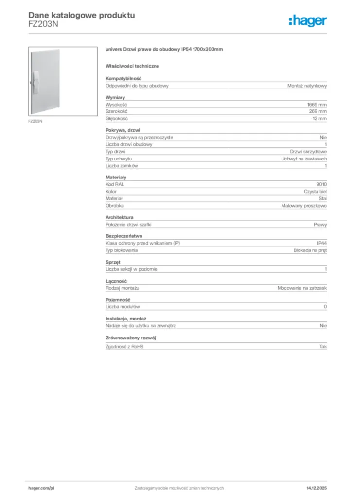 Zdjęcie Hager Karta katalogowa FZ203N | Hager Polska