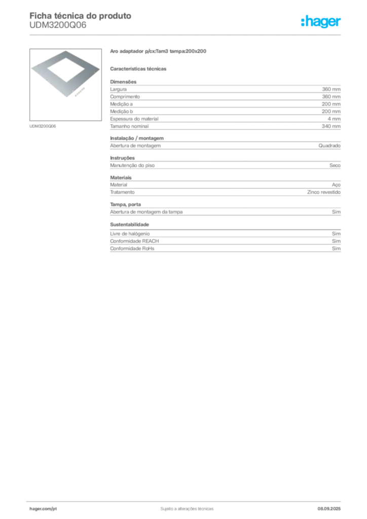 Imagem Hager Ficha técnica do produto UDM3200Q06 | Hager Portugal