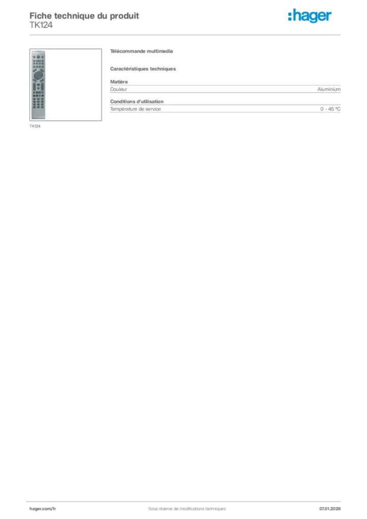 Image Hager Fiche technique du produit TK124 | Hager France