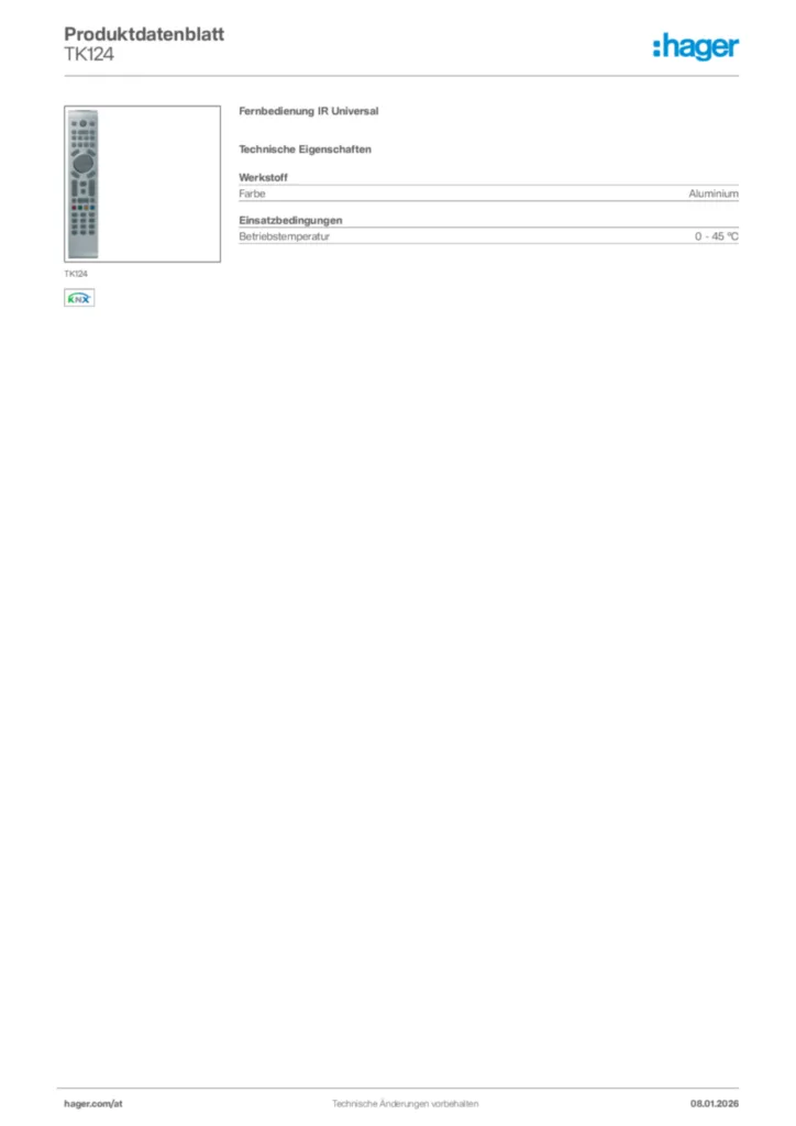 Bild Hager Produktdatenblatt TK124 | Hager Deutschland