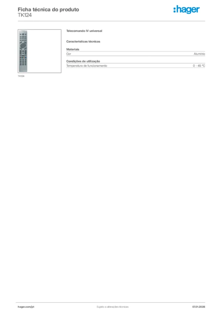 Imagem Hager Ficha técnica do produto TK124 | Hager Portugal