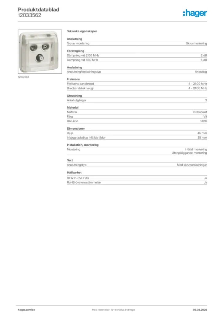 Bild Hager Produktdatablad 12033562 | Hager Sverige