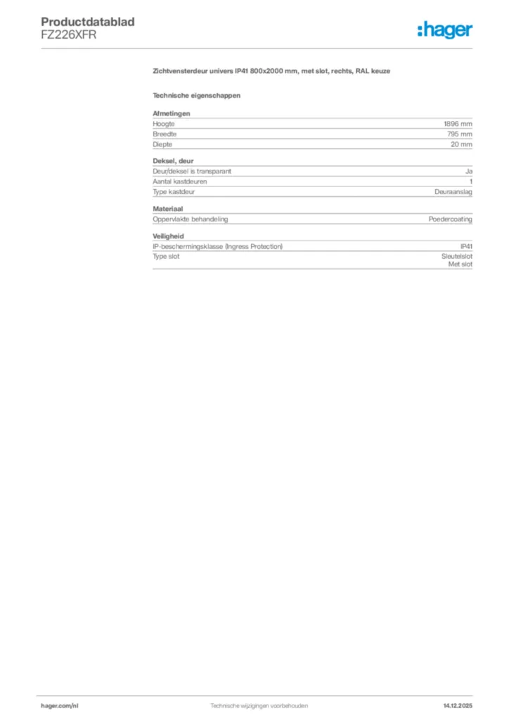 Afbeelding Hager Productdatablad FZ226XFR | Hager Nederland