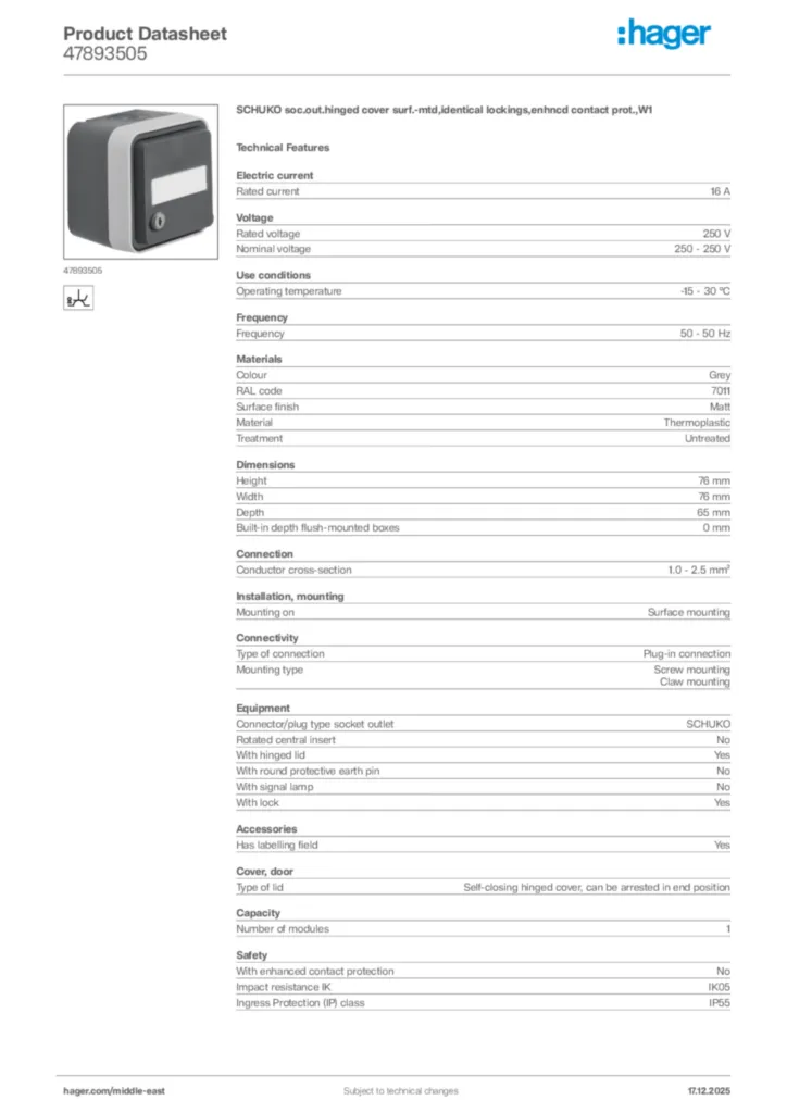Image Hager Product data sheet 47893505  | Hager