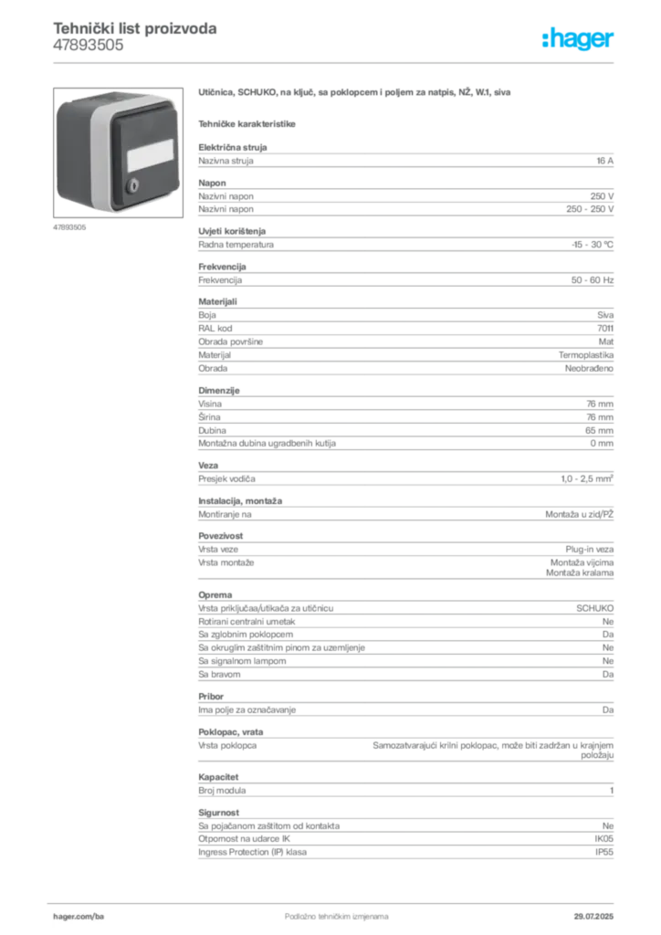 Slika Hager Product data sheet 47893505  | Hager