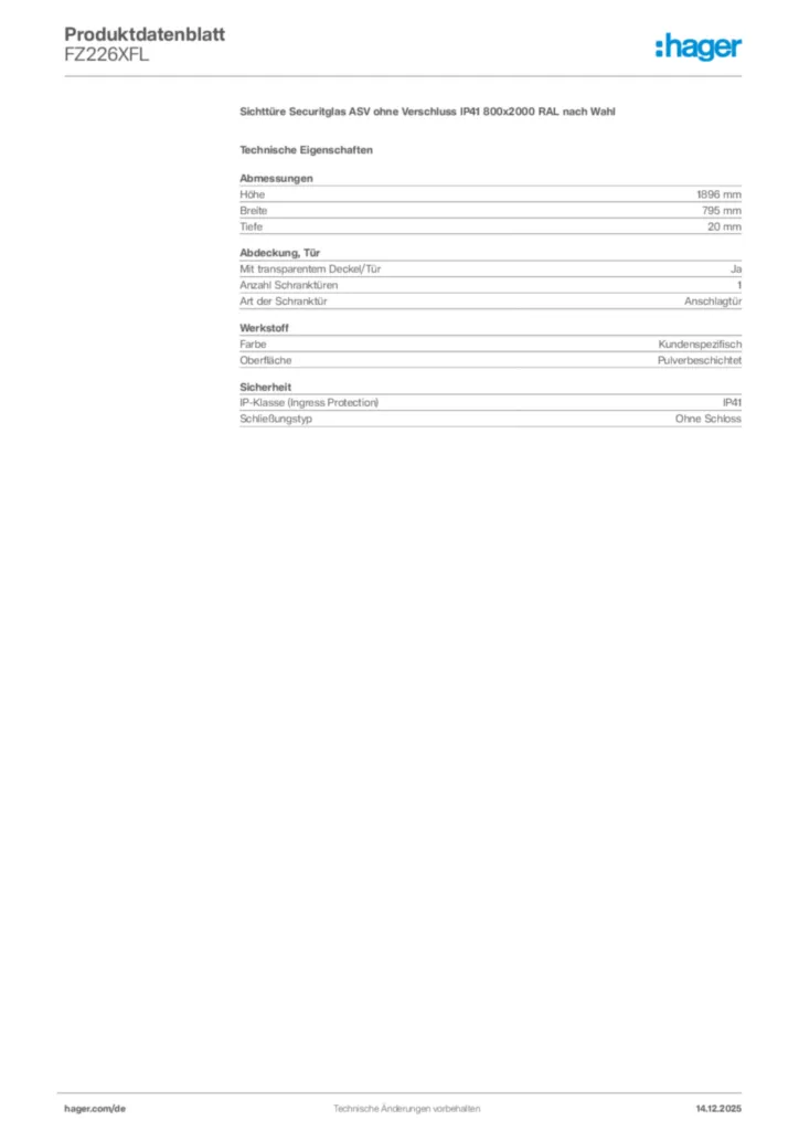 Bild Hager Produktdatenblatt FZ226XFL | Hager Deutschland