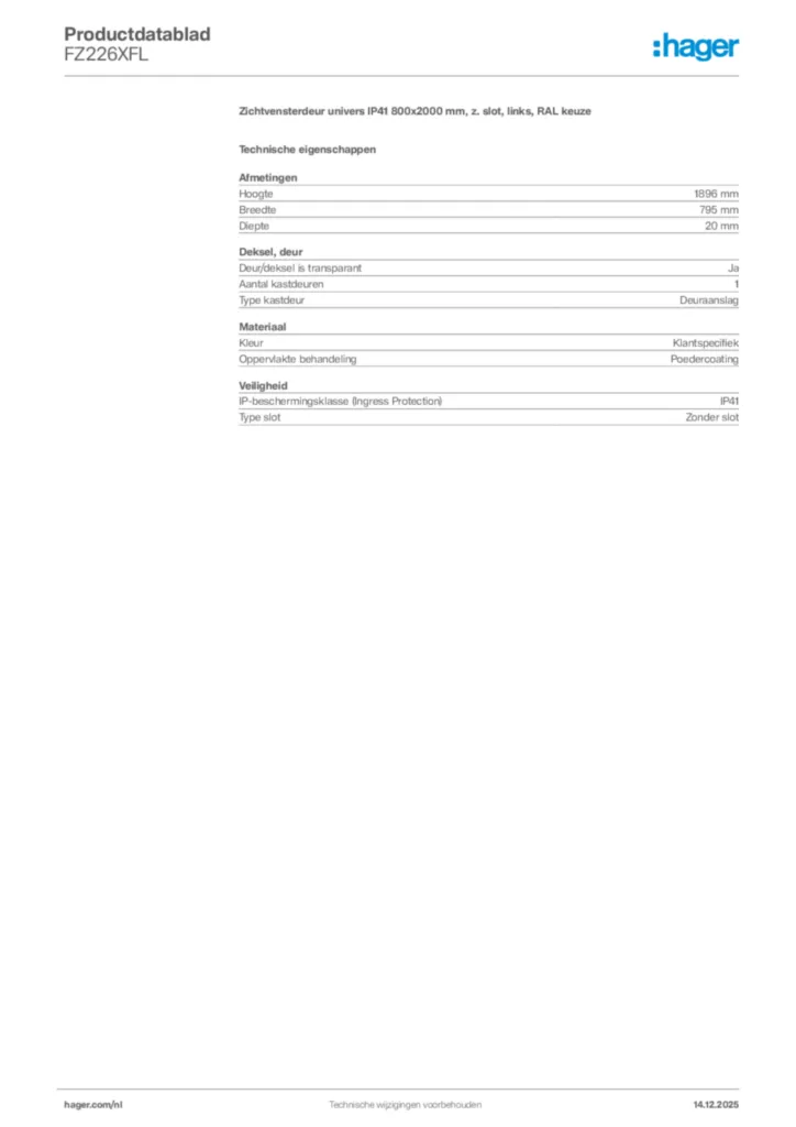 Afbeelding Hager Productdatablad FZ226XFL | Hager Nederland