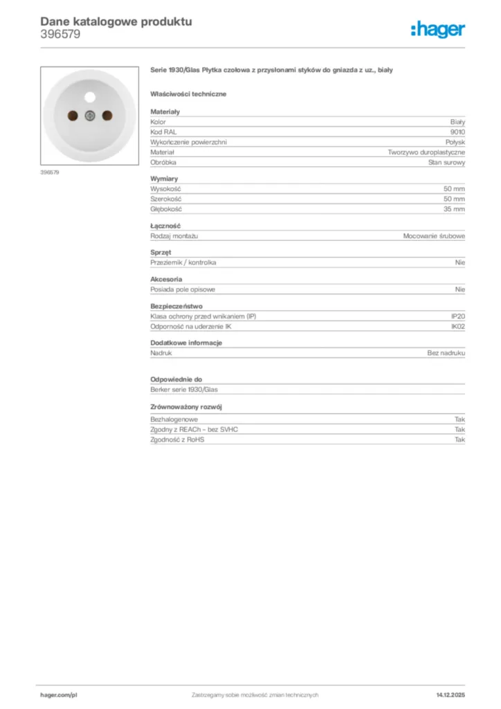 Zdjęcie Hager Karta katalogowa 396579 | Hager Polska