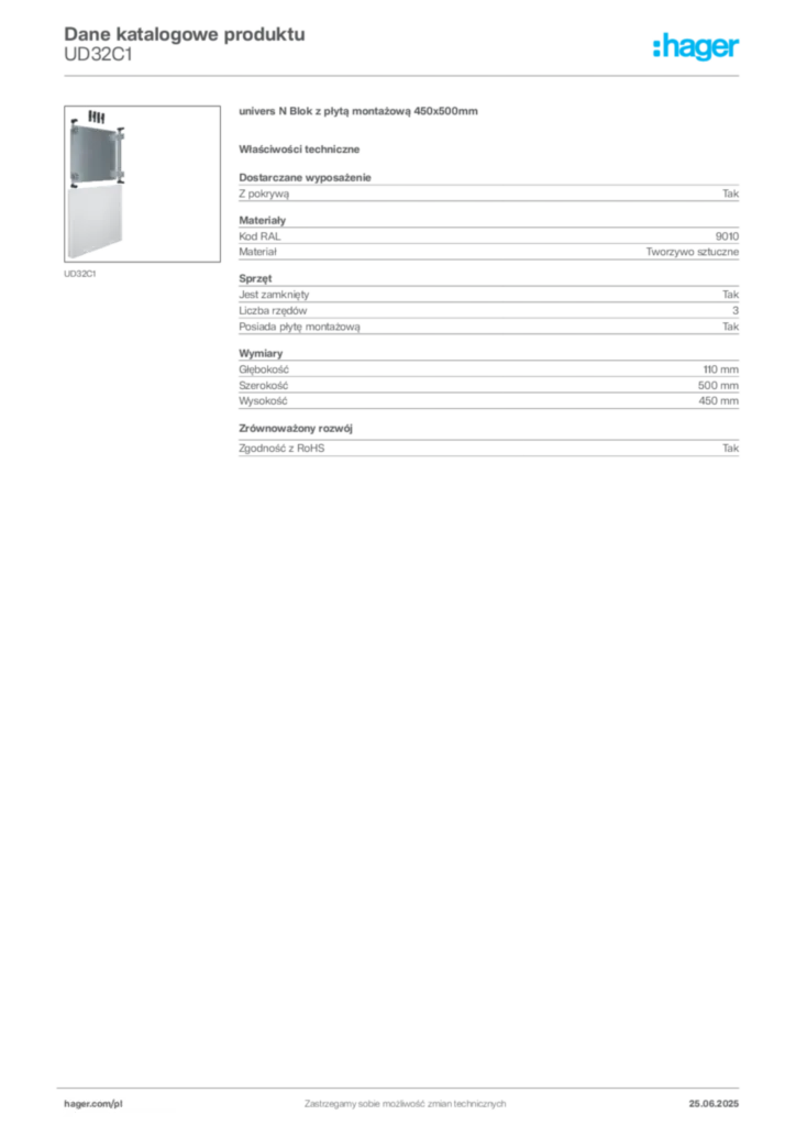 Zdjęcie Hager Karta katalogowa UD32C1 | Hager Polska
