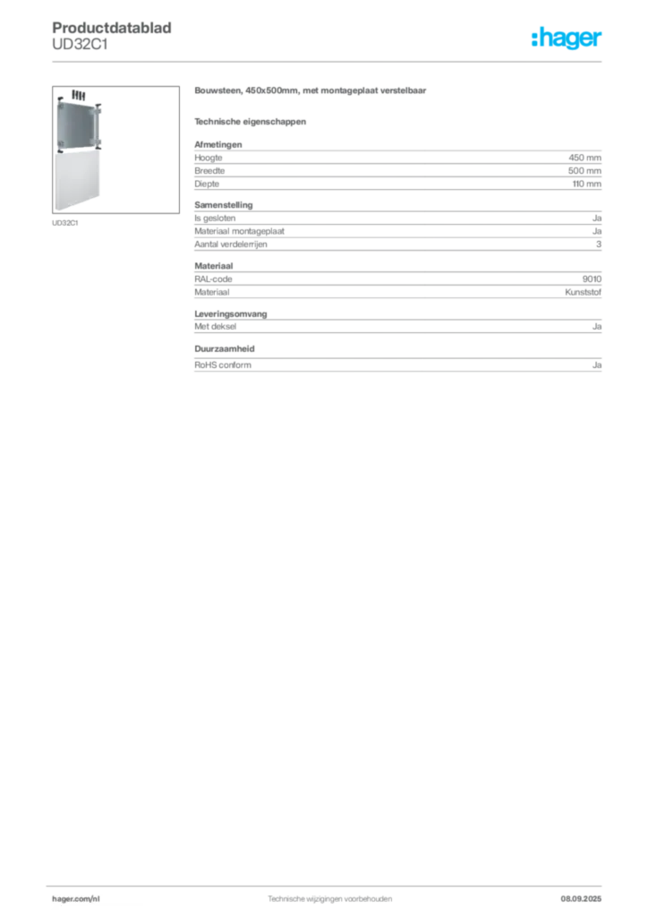Afbeelding Hager Productdatablad UD32C1 | Hager Nederland