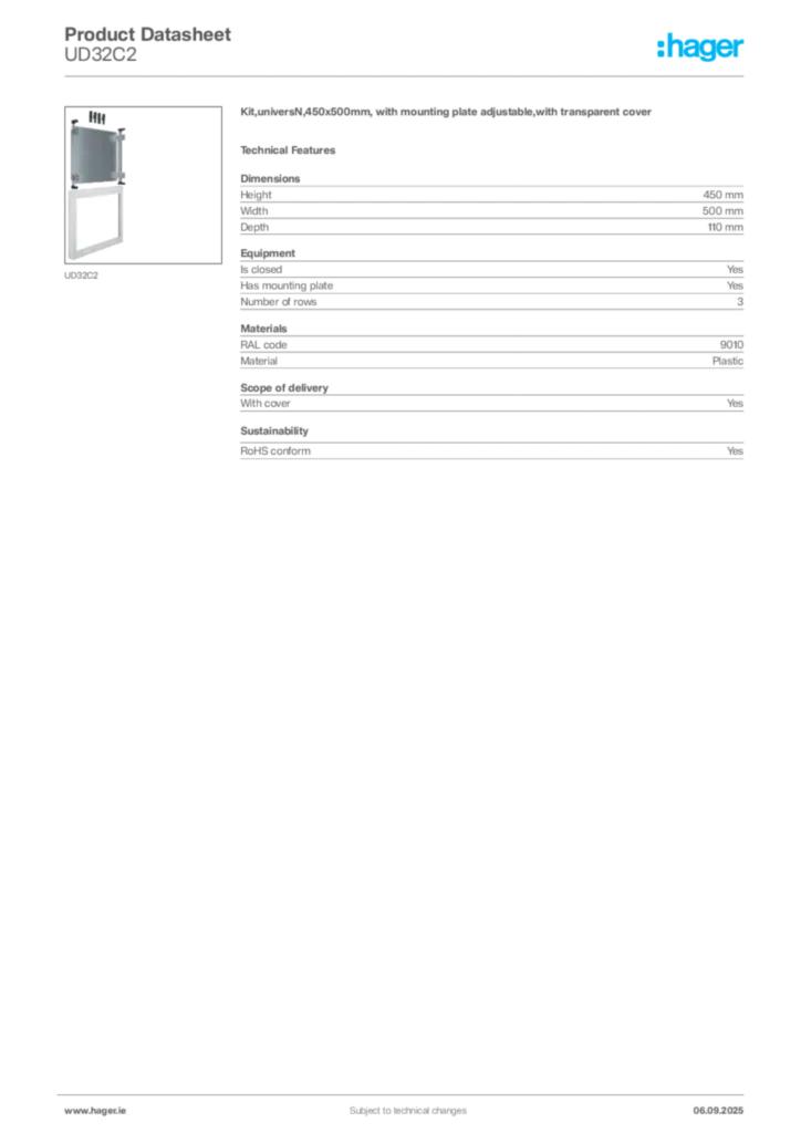 Image Hager Product data sheet UD32C2  | Hager