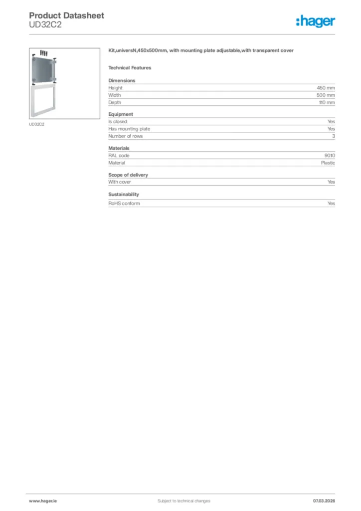 Image Hager Product data sheet UD32C2  | Hager