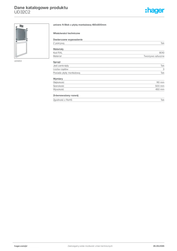 Zdjęcie Hager Karta katalogowa UD32C2 | Hager Polska
