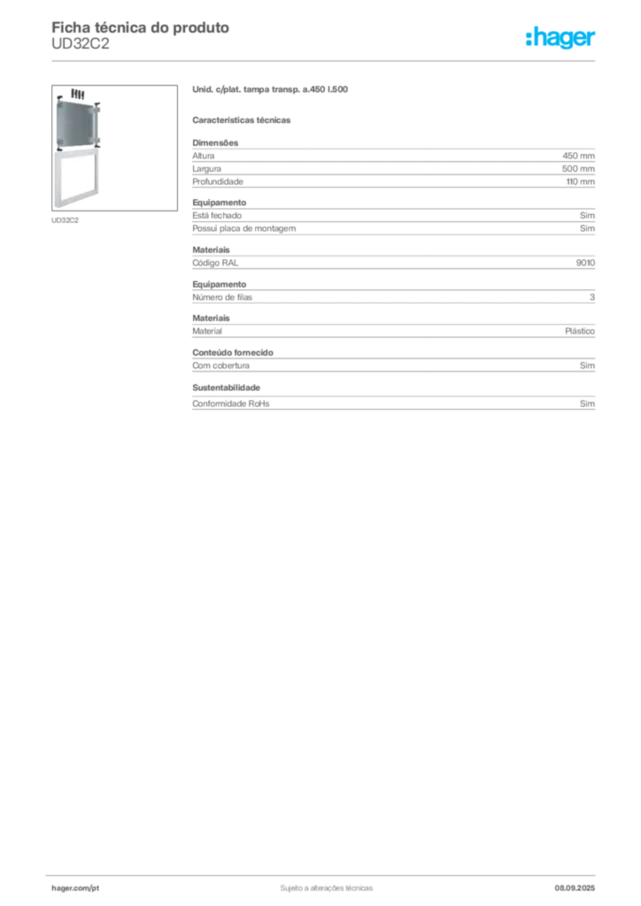 Imagem Hager Ficha técnica do produto UD32C2 | Hager Portugal