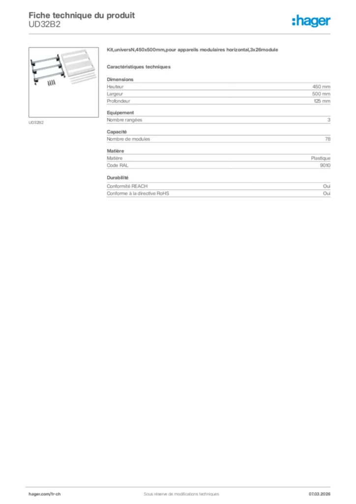 Image Hager Fiche technique du produit UD32B2 | Hager Suisse