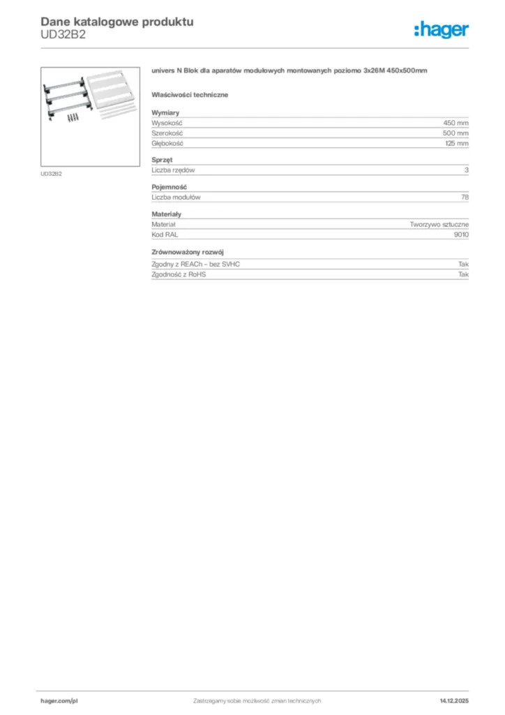 Zdjęcie Hager Karta katalogowa UD32B2 | Hager Polska