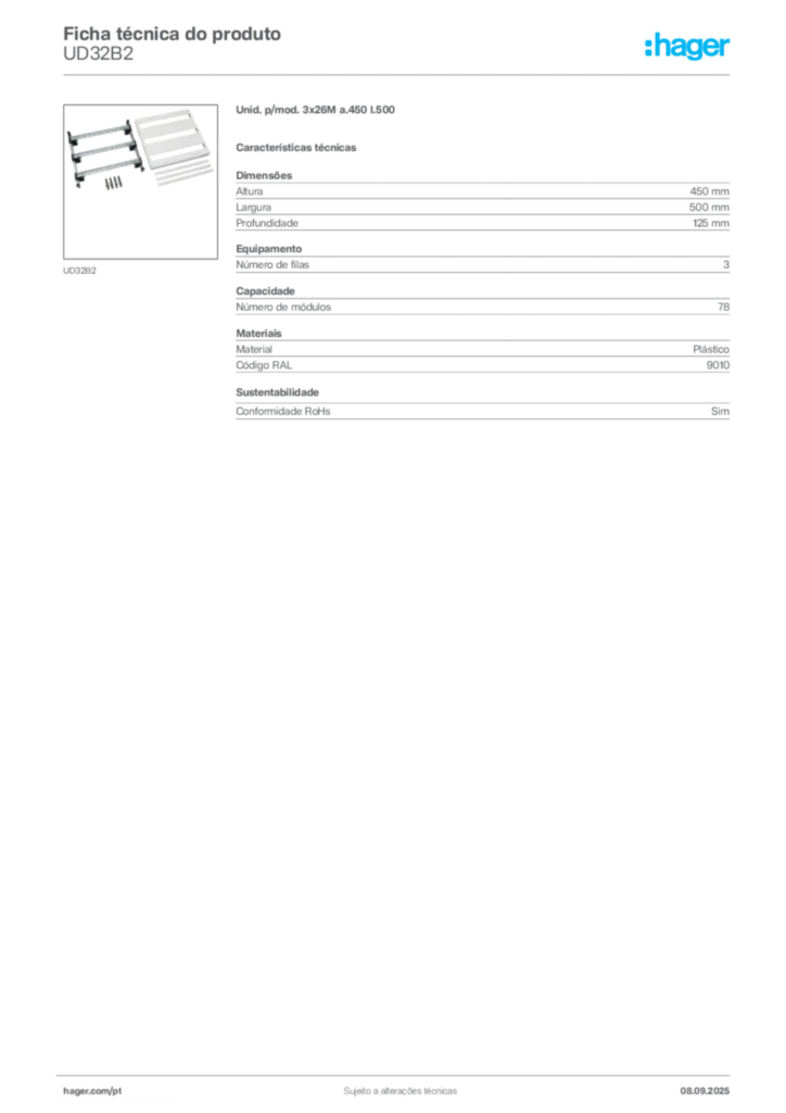 Imagem Hager Ficha técnica do produto UD32B2 | Hager Portugal