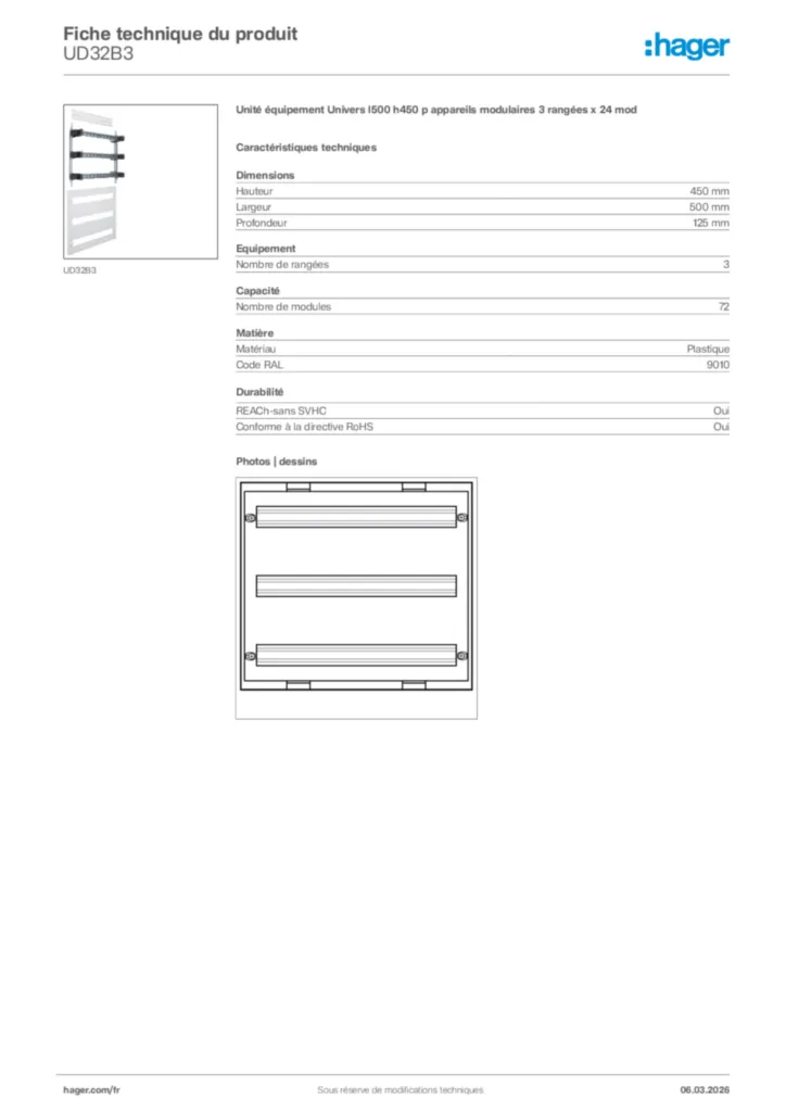 Image Hager Fiche technique du produit UD32B3 | Hager France