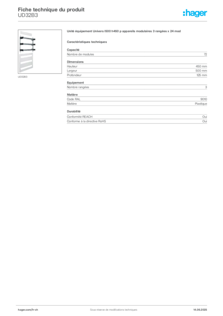 Image Hager Fiche technique du produit UD32B3 | Hager Suisse