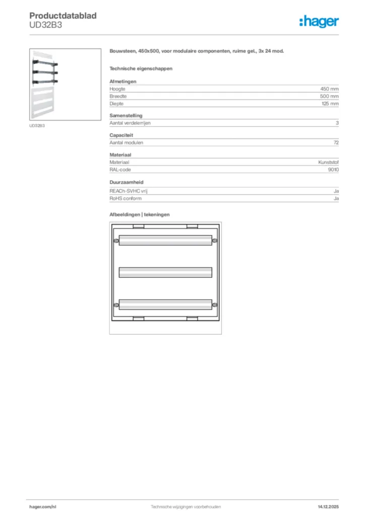 Afbeelding Hager Productdatablad UD32B3 | Hager Nederland