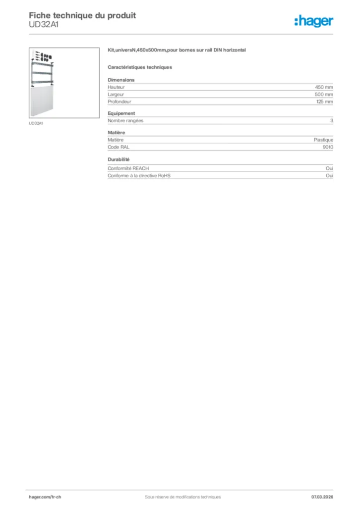 Image Hager Fiche technique du produit UD32A1 | Hager Suisse