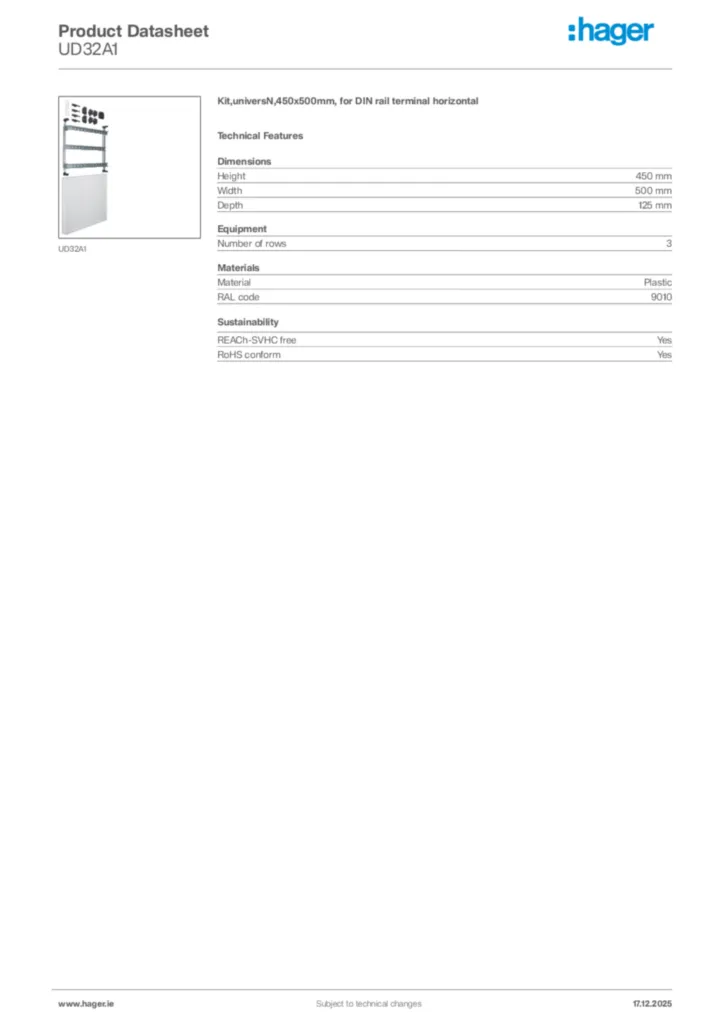 Image Hager Product data sheet UD32A1  | Hager