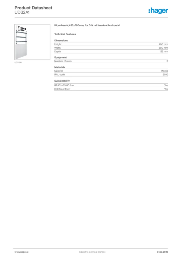 Image Hager Product data sheet UD32A1  | Hager