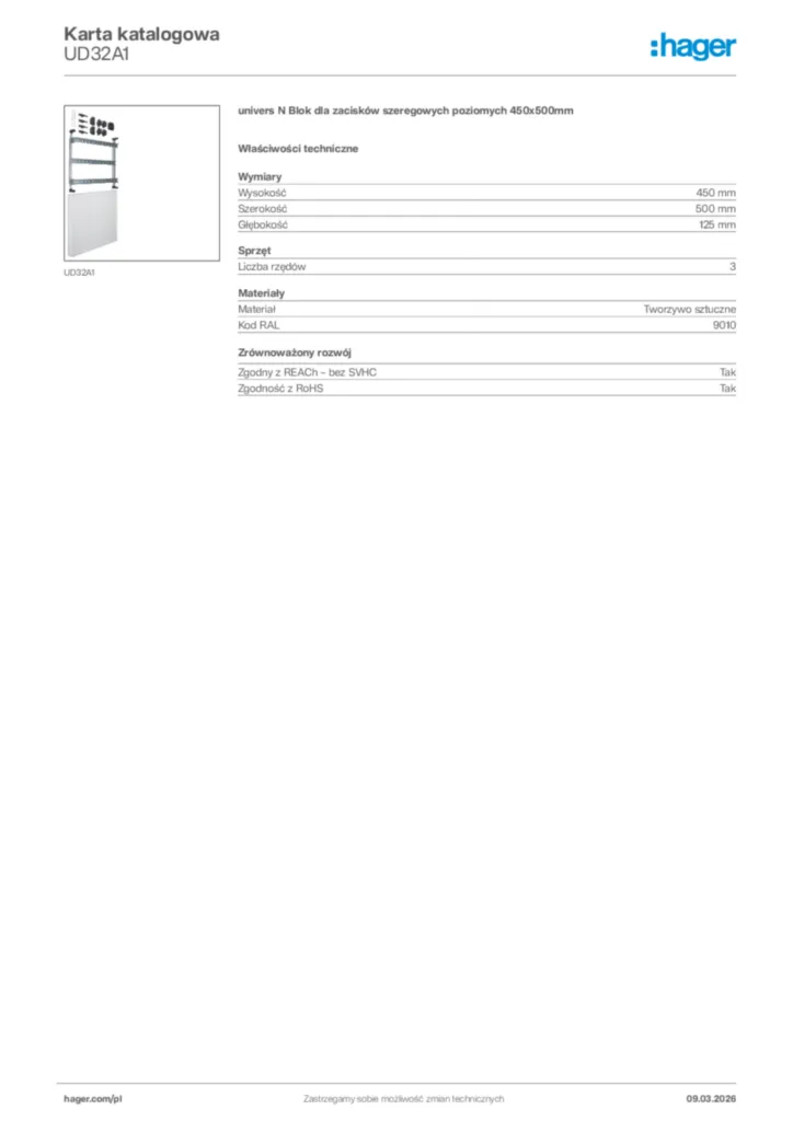 Zdjęcie Hager Karta katalogowa UD32A1 | Hager Polska