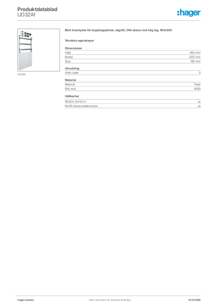 Bild Hager Produktdatablad UD32A1 | Hager Sverige