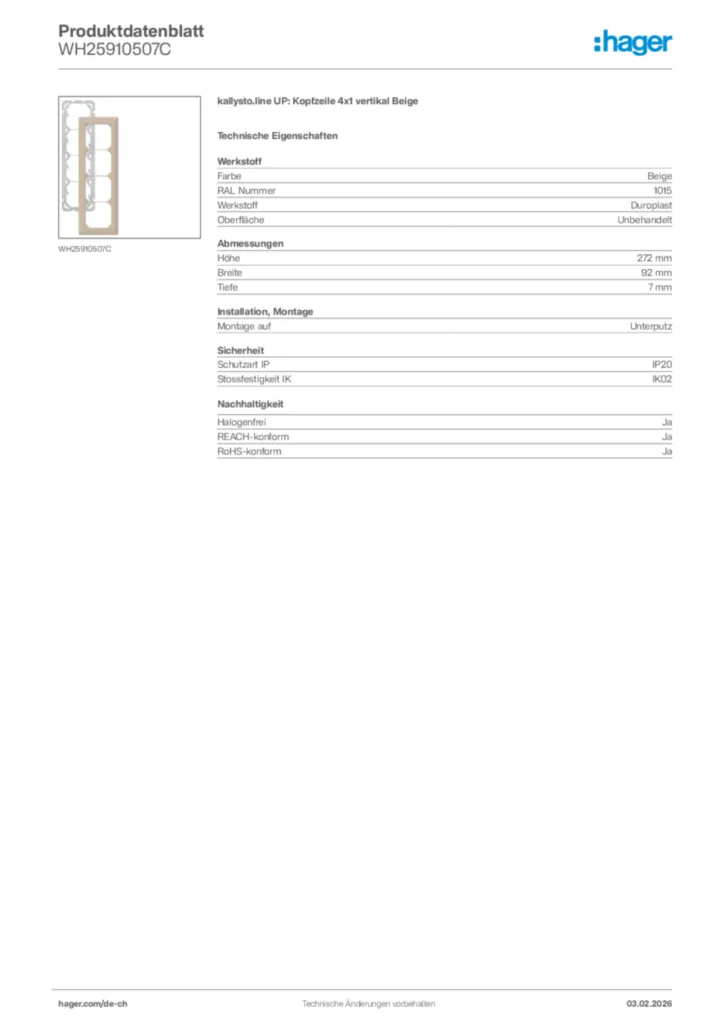 Bild Hager Produktdatenblatt WH25910507C | Hager Schweiz