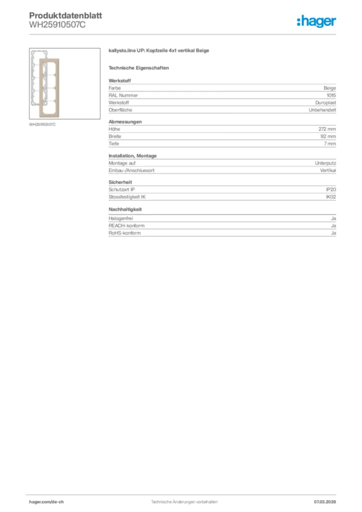Bild Hager Produktdatenblatt WH25910507C | Hager Schweiz