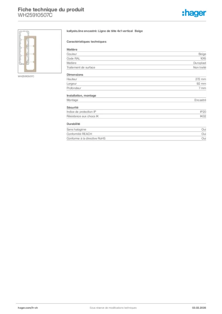 Image Hager Fiche technique du produit WH25910507C | Hager Suisse